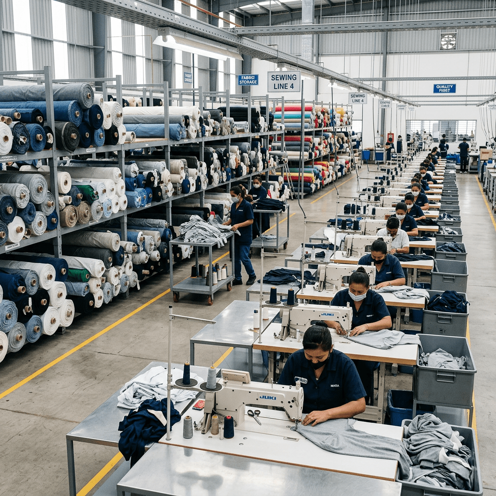 Workers using sewing machines in a garment factory sewing line with shelves of fabric rolls